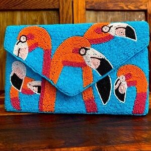 Flamingo Head Accented Seed Beaded Clutch / Crossbody Bag
